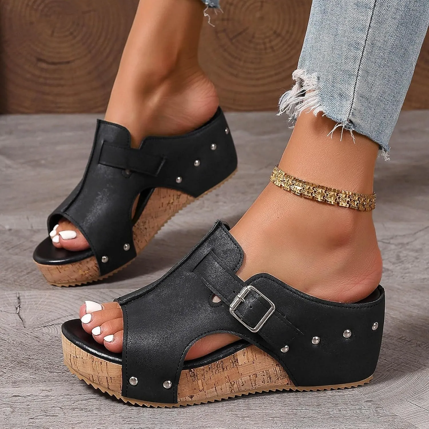 Wedge Sandals for Women Dressy Open Toe Slip On Slides Comfortable Cork Heeled Summer Platform Wedge Shoes Mules