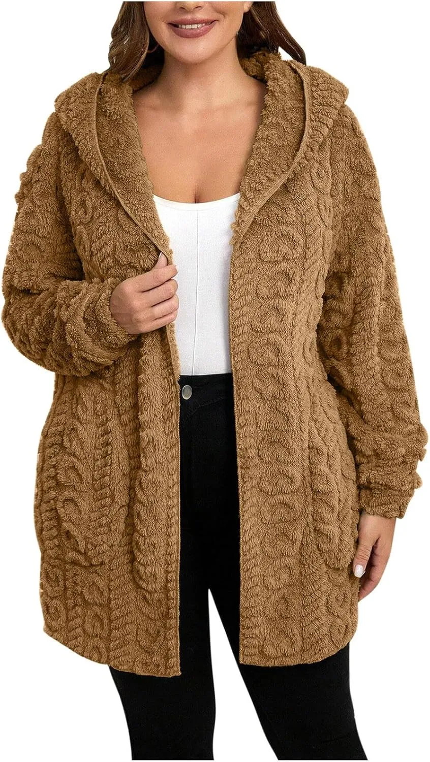 Winter Coats for Women Oversized Long Sleeve Fleece Jackets Casual Hooded Cardigan Coat with Pockets Outerwear