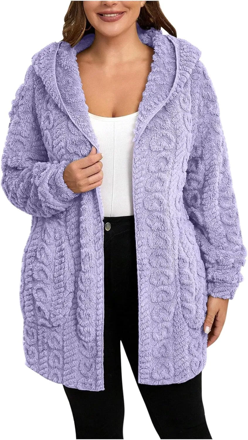 Winter Coats for Women Oversized Long Sleeve Fleece Jackets Casual Hooded Cardigan Coat with Pockets Outerwear