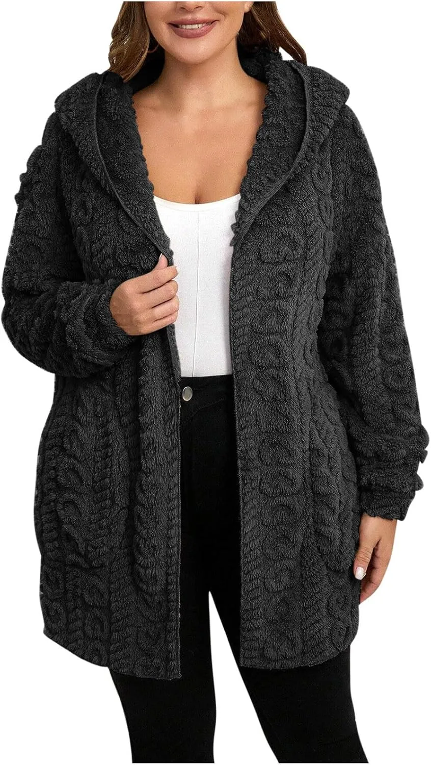 Winter Coats for Women Oversized Long Sleeve Fleece Jackets Casual Hooded Cardigan Coat with Pockets Outerwear