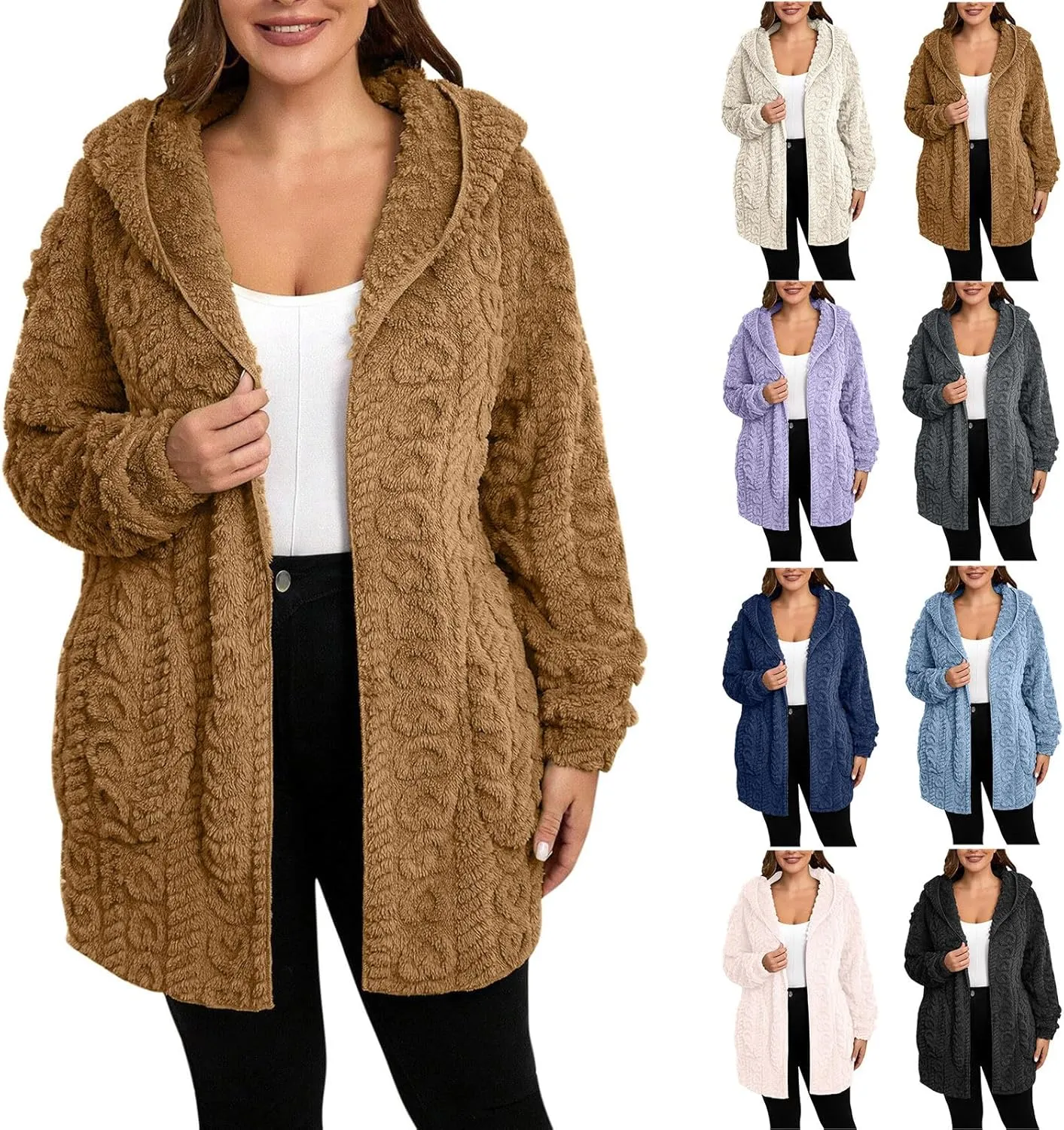 Winter Coats for Women Oversized Long Sleeve Fleece Jackets Casual Hooded Cardigan Coat with Pockets Outerwear