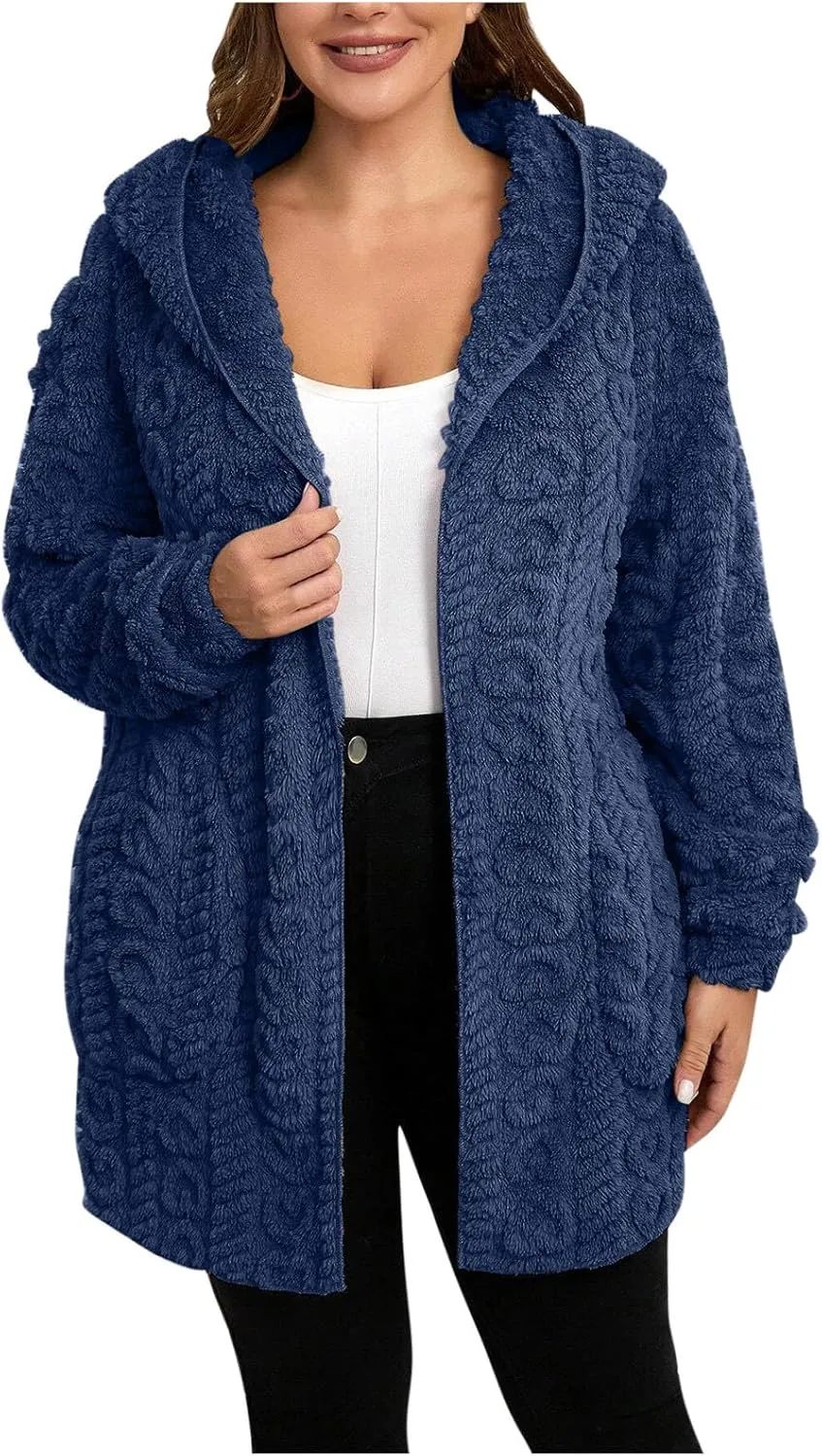 Winter Coats for Women Oversized Long Sleeve Fleece Jackets Casual Hooded Cardigan Coat with Pockets Outerwear