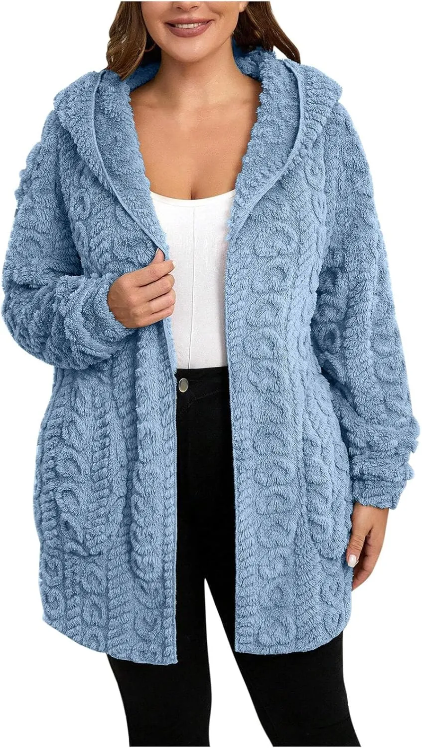 Winter Coats for Women Oversized Long Sleeve Fleece Jackets Casual Hooded Cardigan Coat with Pockets Outerwear