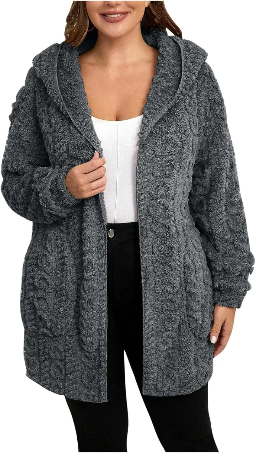 Winter Coats for Women Oversized Long Sleeve Fleece Jackets Casual Hooded Cardigan Coat with Pockets Outerwear
