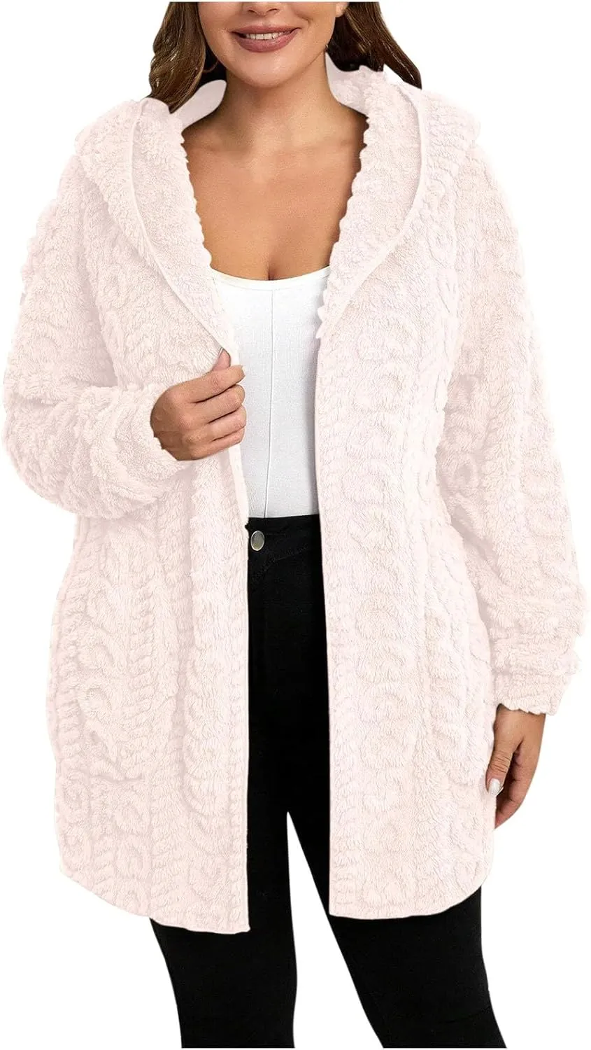 Winter Coats for Women Oversized Long Sleeve Fleece Jackets Casual Hooded Cardigan Coat with Pockets Outerwear