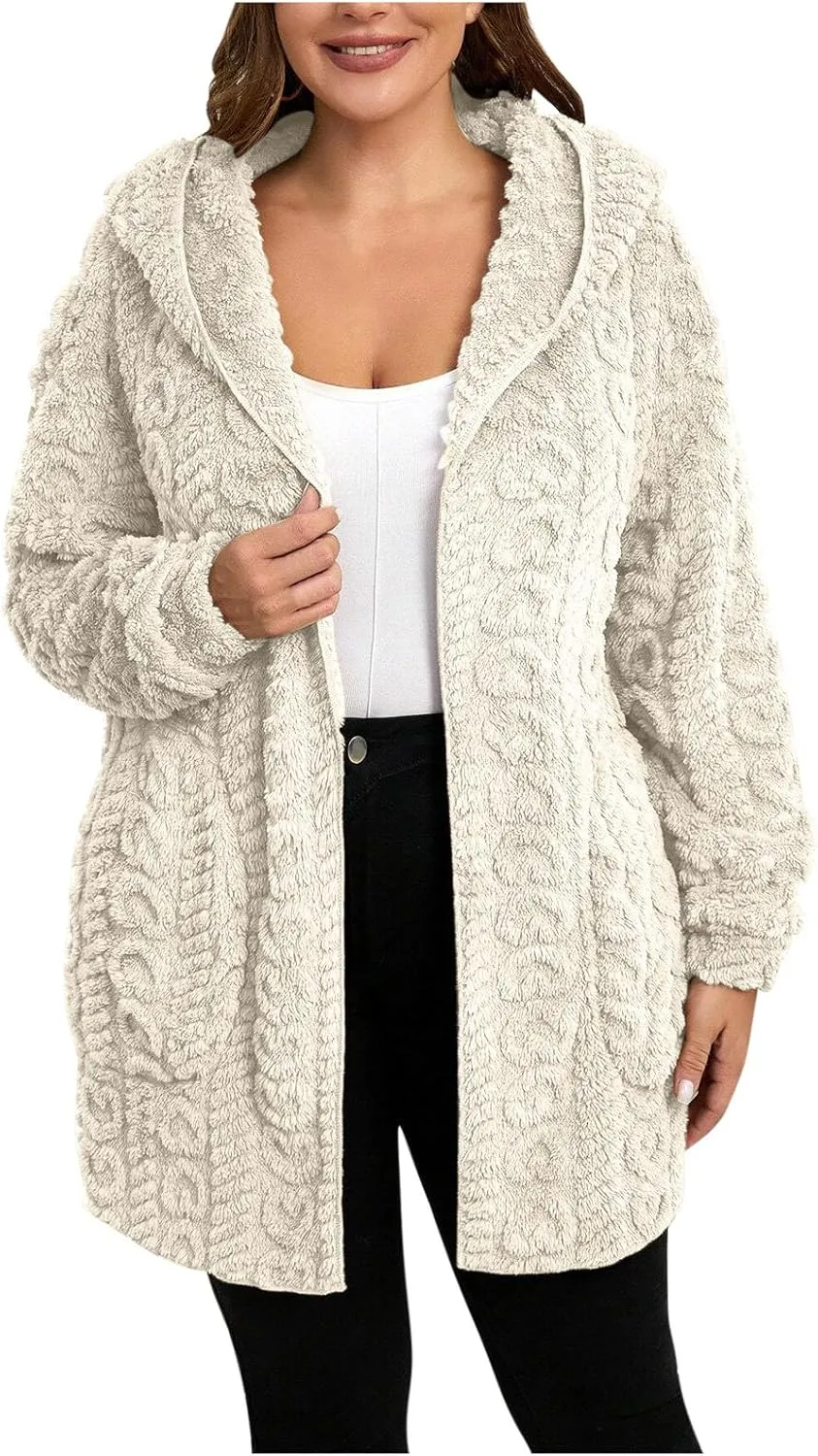 Winter Coats for Women Oversized Long Sleeve Fleece Jackets Casual Hooded Cardigan Coat with Pockets Outerwear