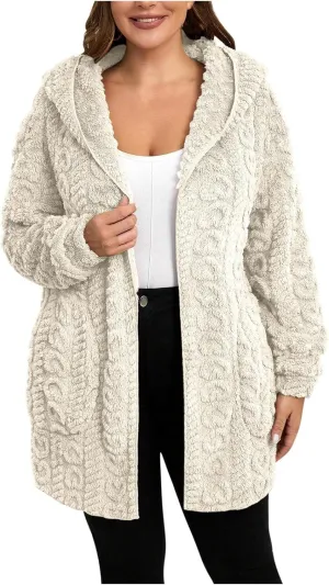 Winter Coats for Women Oversized Long Sleeve Fleece Jackets Casual Hooded Cardigan Coat with Pockets Outerwear