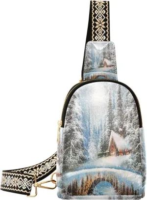 Winter Forest View Fanny Pack Crossbody PC Leather Small Sling Bag for Women Christmas Fashion Waist Packs Chest Bag for Travel Sports Running Hiking
