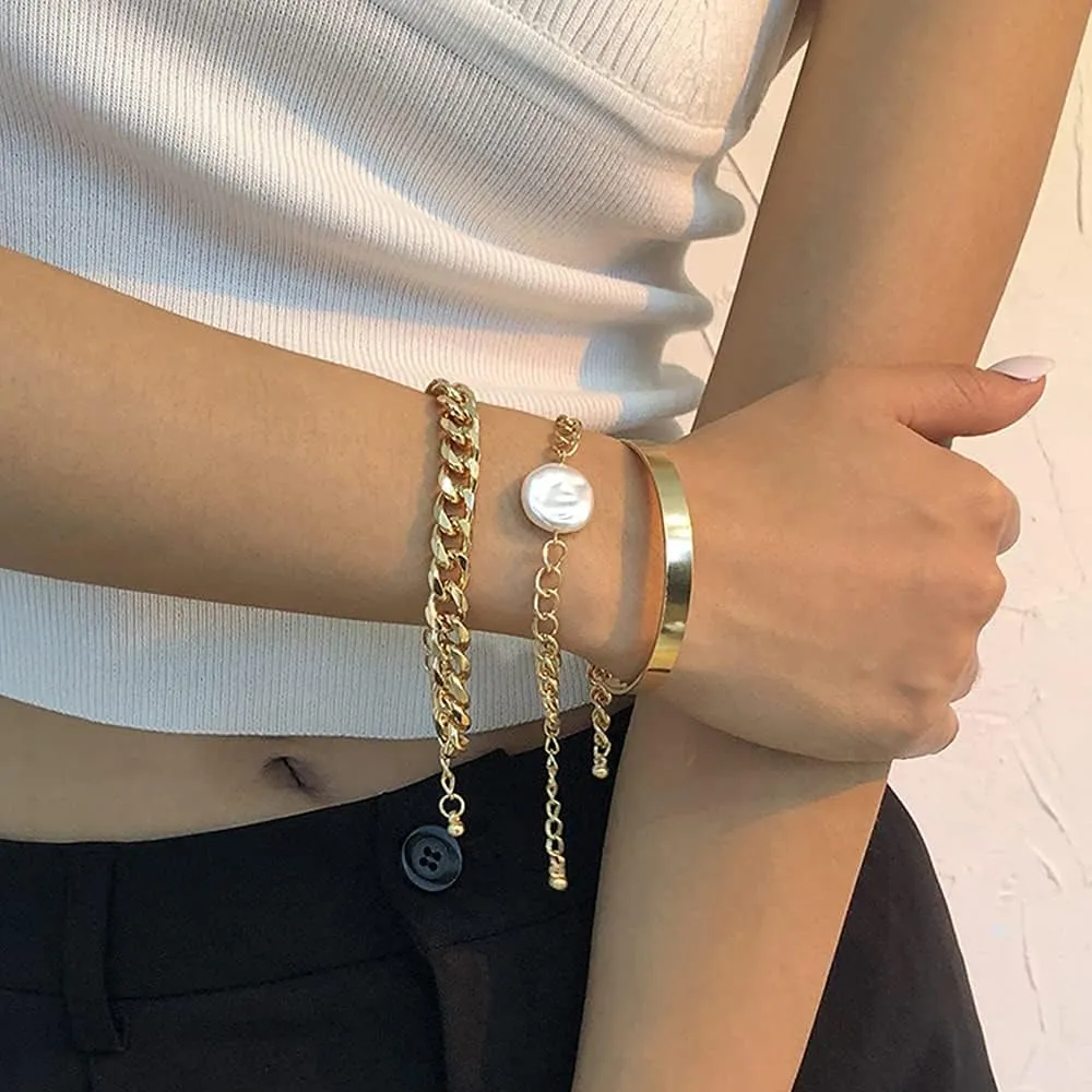 Wiwpar Gold Bracelets for Women Layered Pearl Chain Bracelets Fashion Bangle Link Bracelet Set