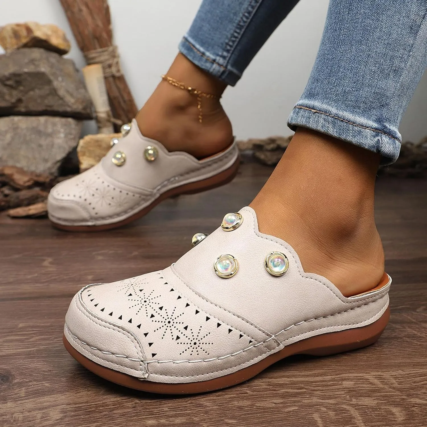 Women Arch Support Slides Closed Toe Cute Mules Women Slip On Summer Mule High Heels Slipper Dressy Orthopedic Sandale
