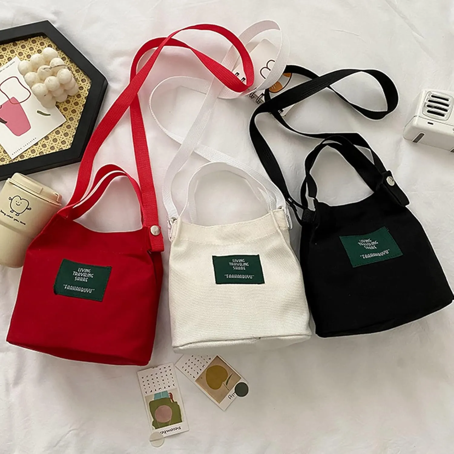 Women Bags Fashion Simple Art Girl Canvas Bags Fresh Casual Messenger Bag One Shoulder Bag (White, One Size)