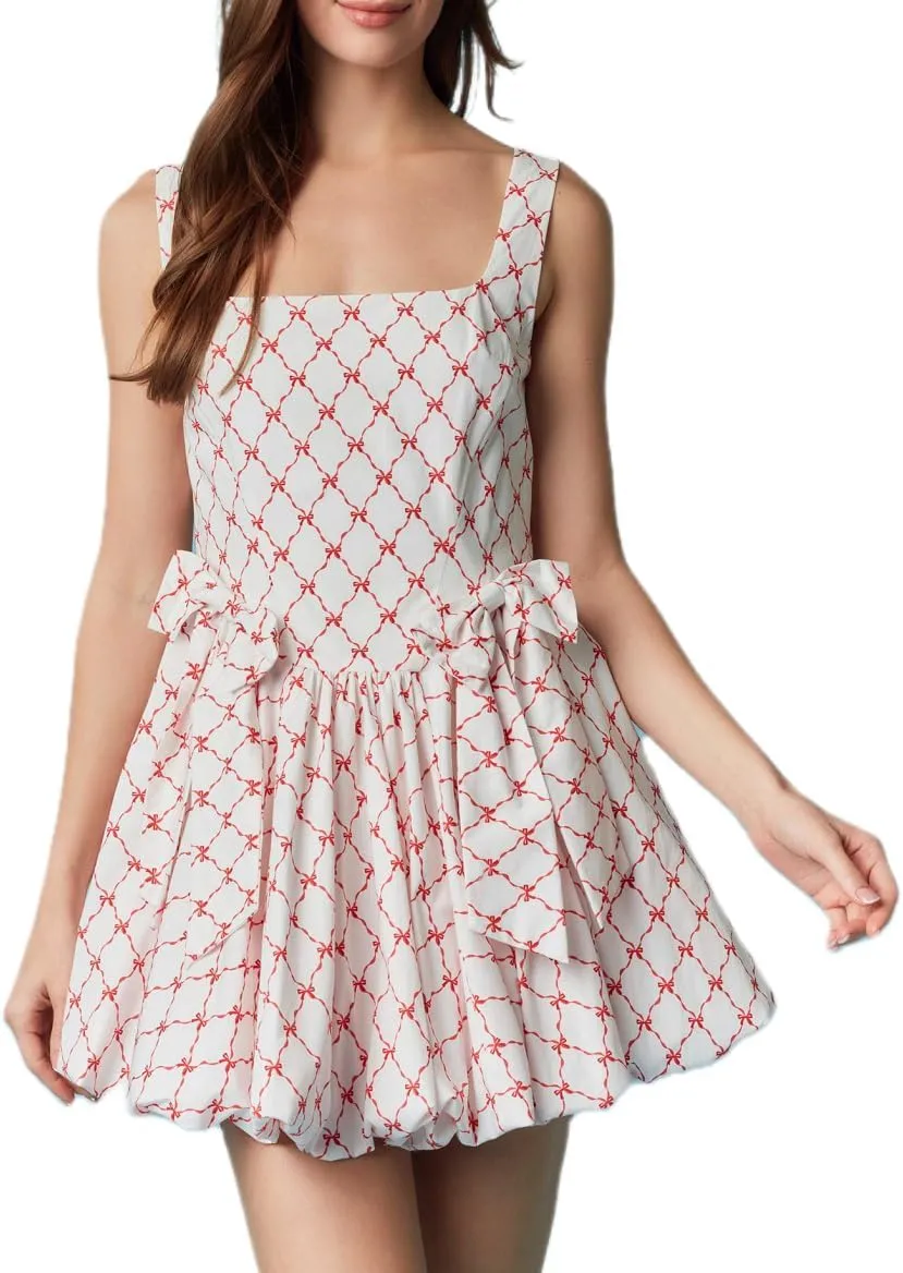 Women Boho Tie Shoulder Mini Dress Y2K Floral Ruffle Babydoll Short Dress Summer Flowy Beach Vacation Sundress