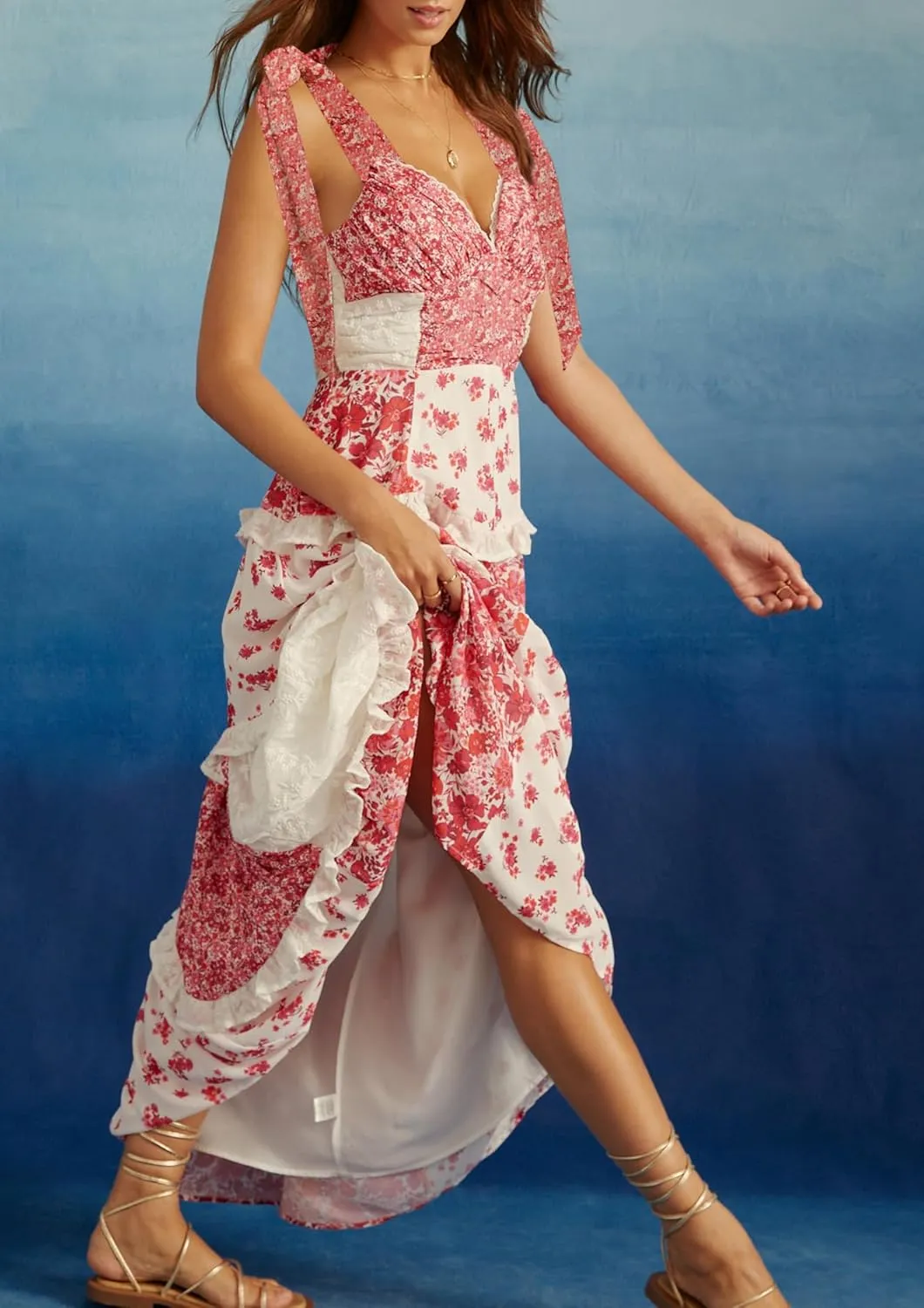 Women Bow Tie Shoulder Boho Maxi Dress Y2k Sleeveless Floral Flowy Long Dresses Smocked Swing Summer Beach Sundress