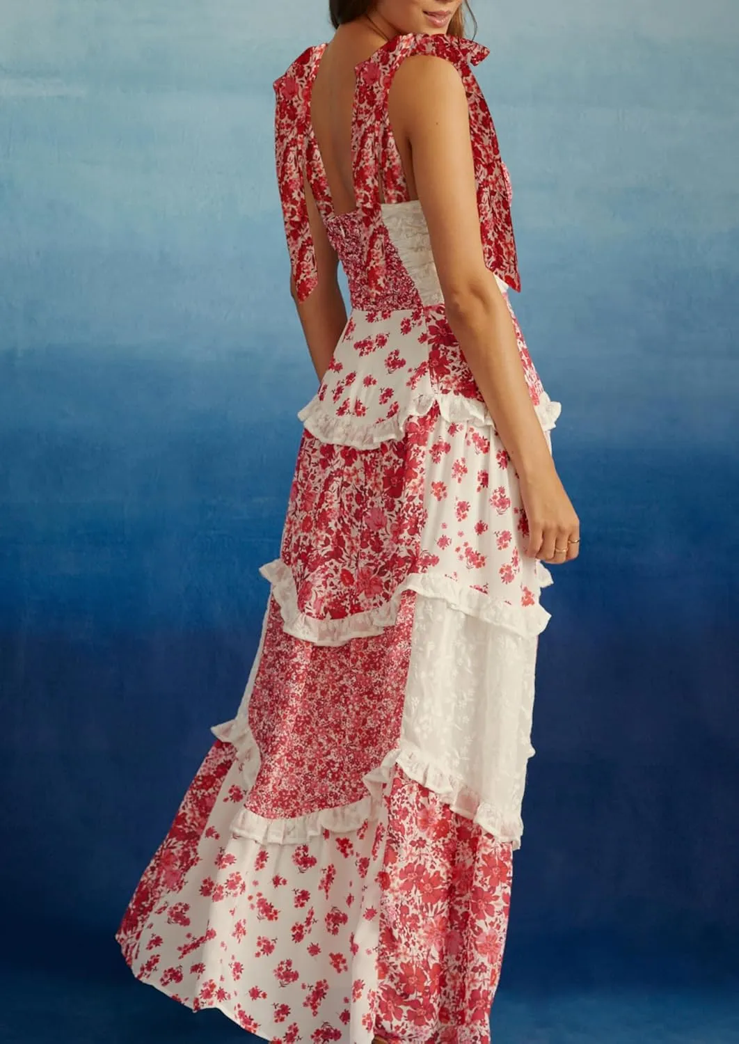 Women Bow Tie Shoulder Boho Maxi Dress Y2k Sleeveless Floral Flowy Long Dresses Smocked Swing Summer Beach Sundress