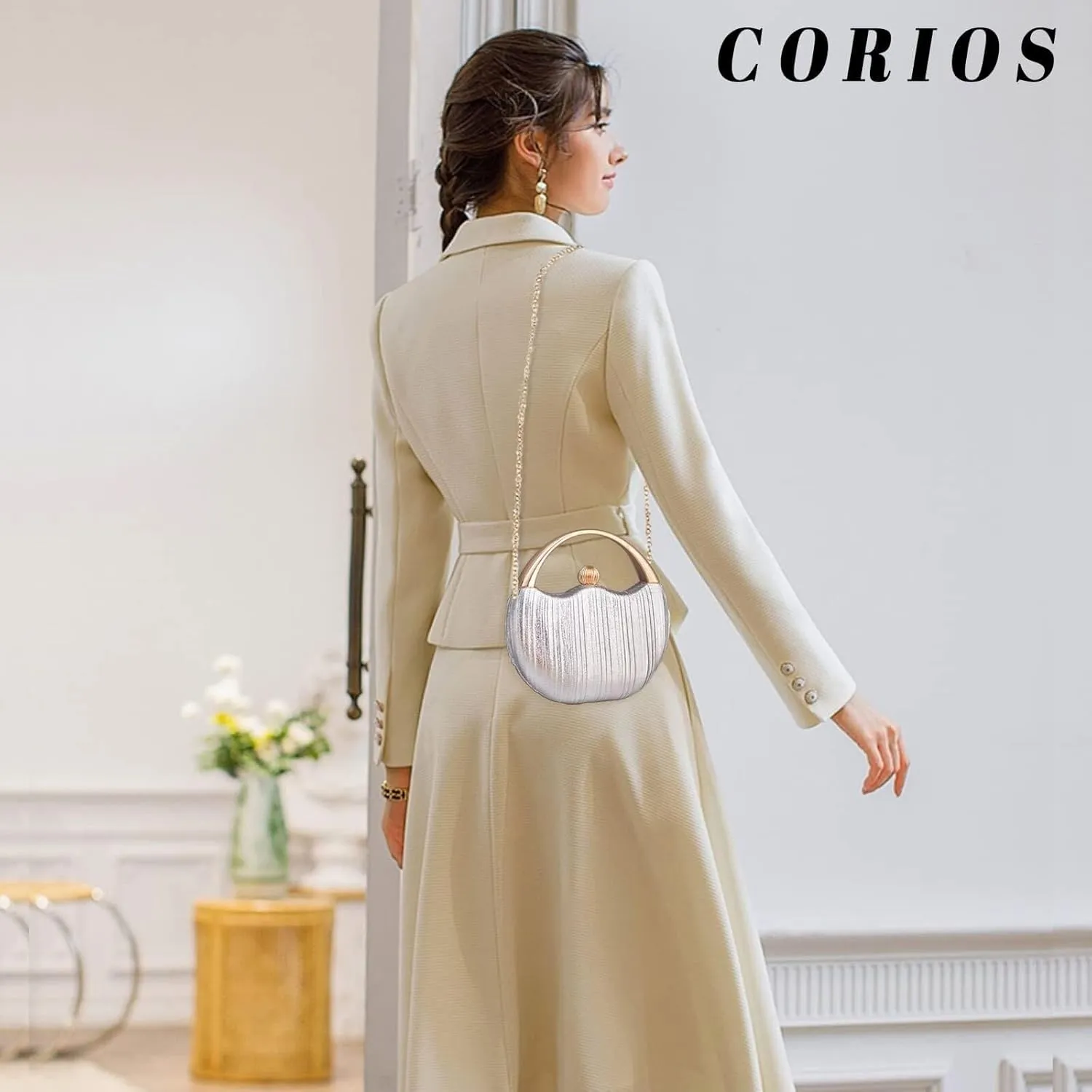 Women Clutch Glitter Evening Bridal Wedding Purse Elegant Shoulder Sparkly Handbag Pleated Round Hard shell Crossbody