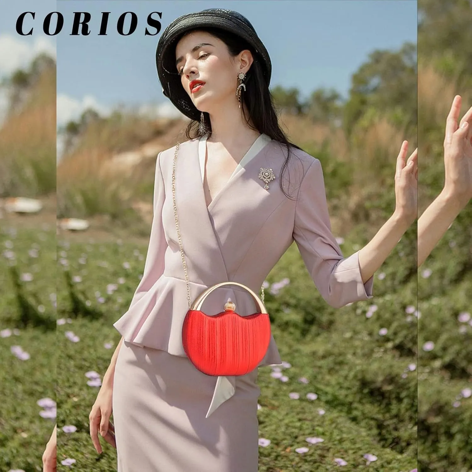 Women Clutch Glitter Evening Bridal Wedding Purse Elegant Shoulder Sparkly Handbag Pleated Round Hard shell Crossbody