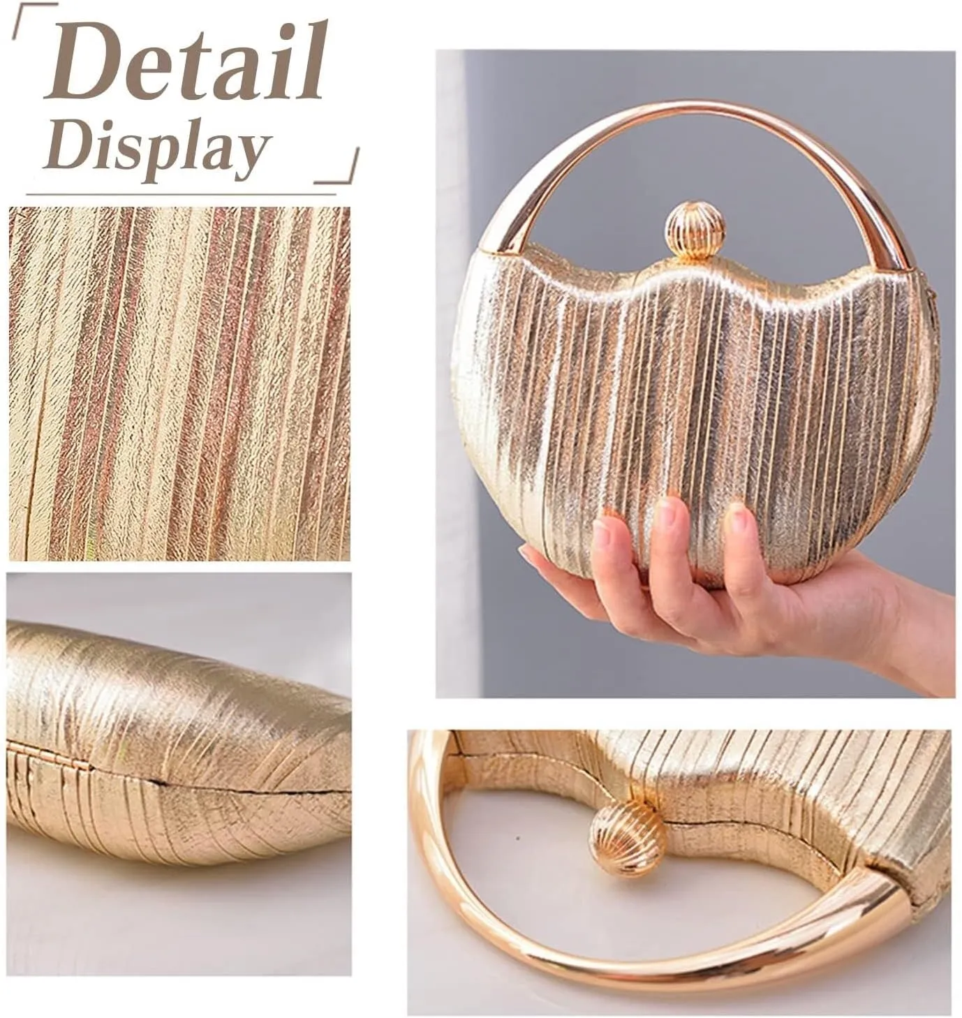 Women Clutch Glitter Evening Bridal Wedding Purse Elegant Shoulder Sparkly Handbag Pleated Round Hard shell Crossbody
