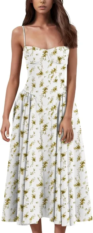 Women Floral Corset Dress Summer Dress 2024 Boho Party Flowy Midi Dresses Going Out A Line Casual Sundress