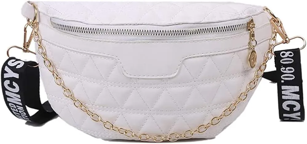 Women Quilted Leather Waist Bags Fashion Belt Bag Chest Bag Fanny Pack Crossbody Shoulder bag Purse with Chain (White) 20 x 2 x 14 CM/7.87 x 0.78 x 5.5 inch