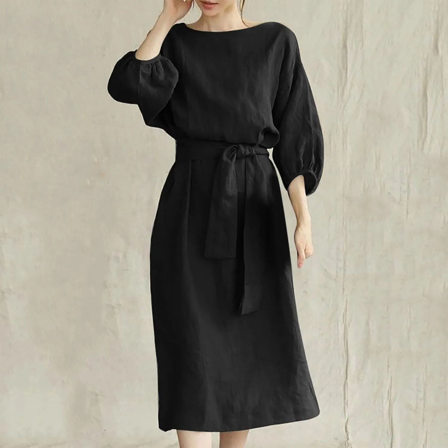 Women Summer Dresses Dressy Casual Loose Lantern 3/4 Sleeve Midi Dress Boat Neck Tie Waist Plus Size T Shirt Dress