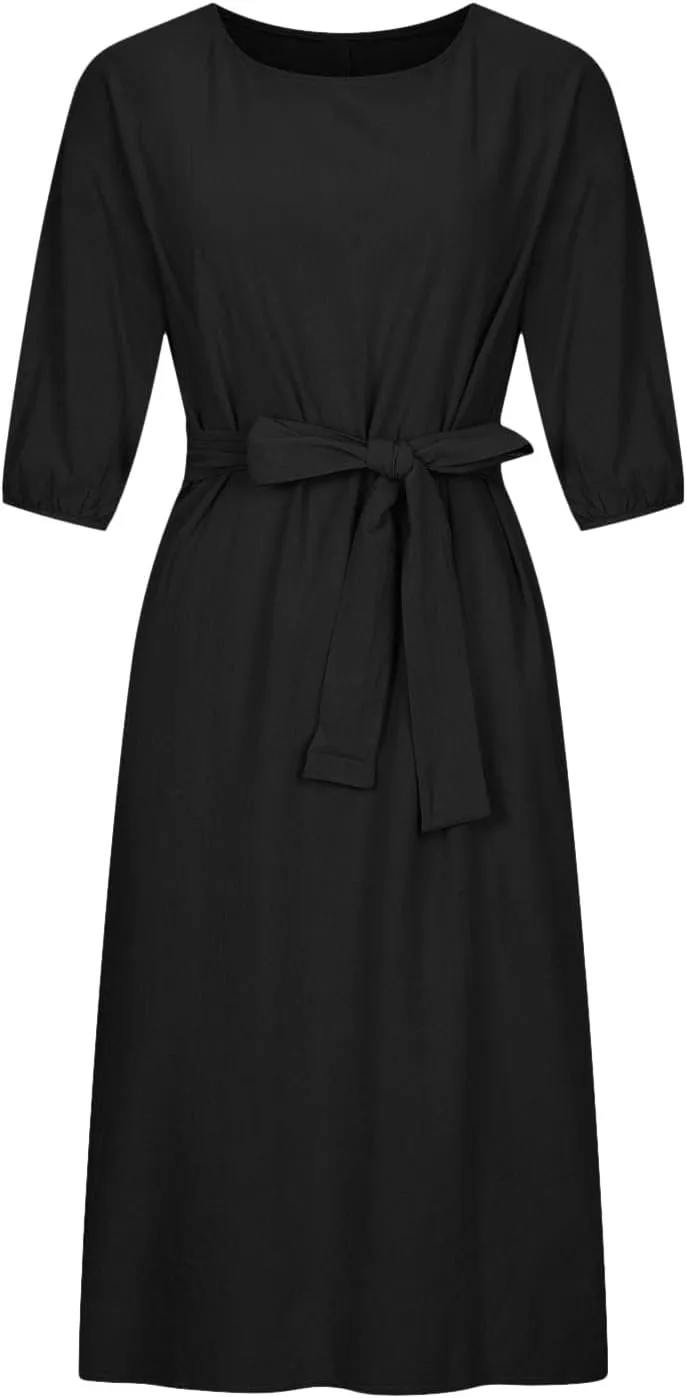 Women Summer Dresses Dressy Casual Loose Lantern 3/4 Sleeve Midi Dress Boat Neck Tie Waist Plus Size T Shirt Dress