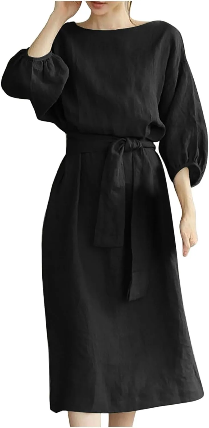 Women Summer Dresses Dressy Casual Loose Lantern 3/4 Sleeve Midi Dress Boat Neck Tie Waist Plus Size T Shirt Dress