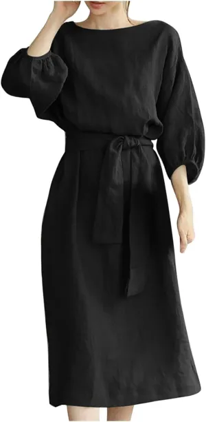 Women Summer Dresses Dressy Casual Loose Lantern 3/4 Sleeve Midi Dress Boat Neck Tie Waist Plus Size T Shirt Dress