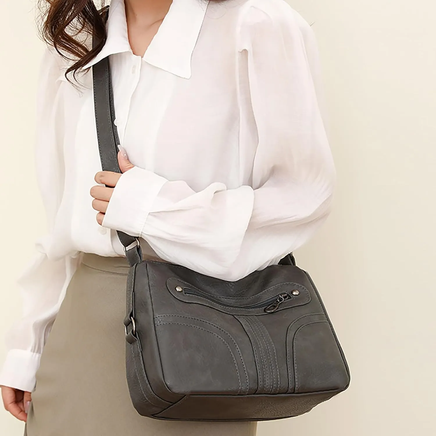 Women Vintage Soft Leather Versatile Lightweight Crossbody Bag Water Proof Pocket Adjustable Shoulder (Grey, One Size)
