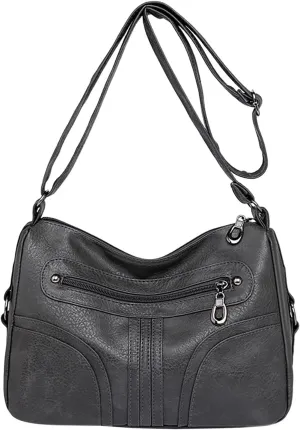 Women Vintage Soft Leather Versatile Lightweight Crossbody Bag Water Proof Pocket Adjustable Shoulder (Grey, One Size)