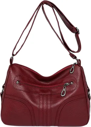 Women Vintage Soft Leather Versatile Lightweight Crossbody Bag Water Proof Pocket Adjustable Shoulder (Red, One Size)