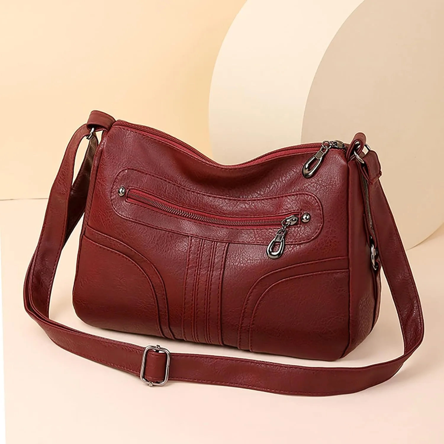 Women Vintage Soft Leather Versatile Lightweight Crossbody Bag Water Proof Pocket Adjustable Shoulder (Red, One Size)