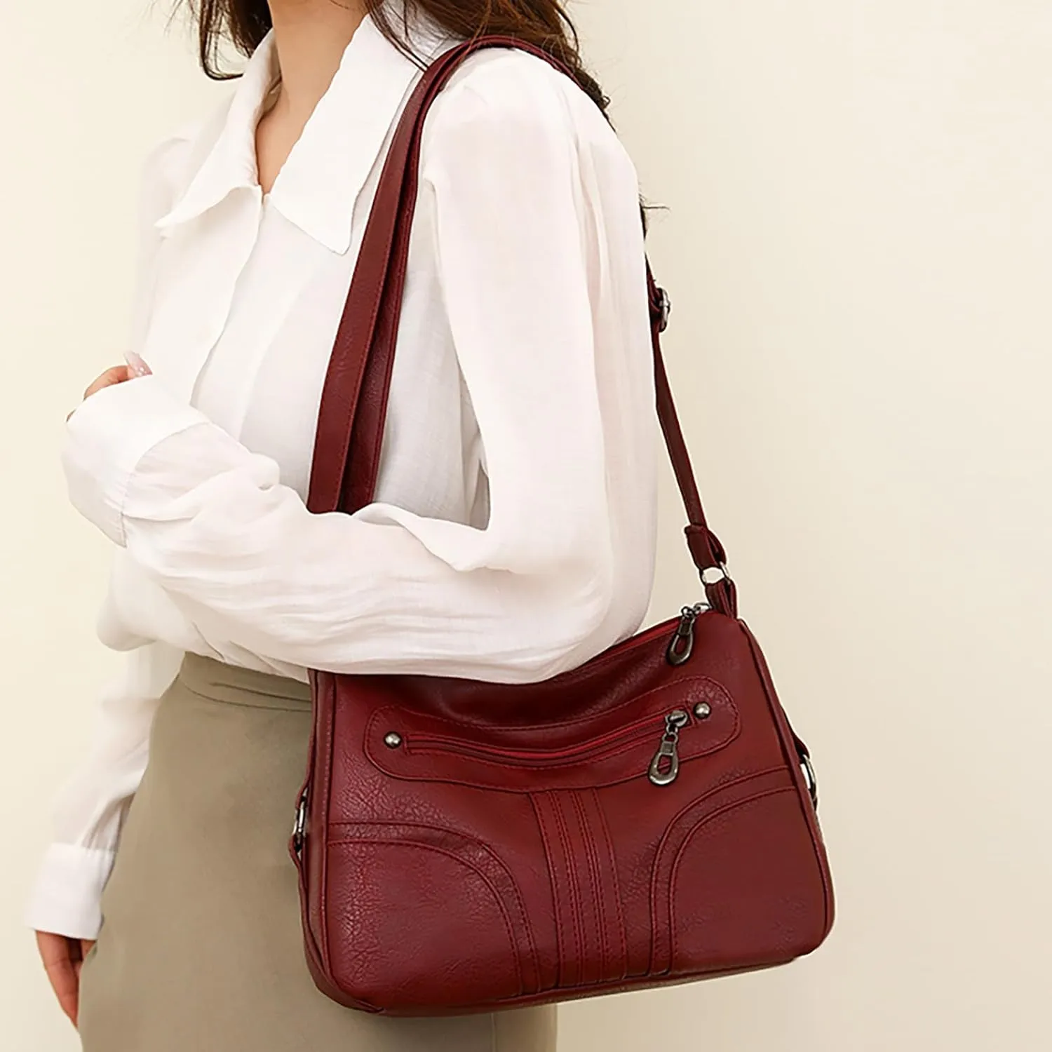 Women Vintage Soft Leather Versatile Lightweight Crossbody Bag Water Proof Pocket Adjustable Shoulder (Red, One Size)