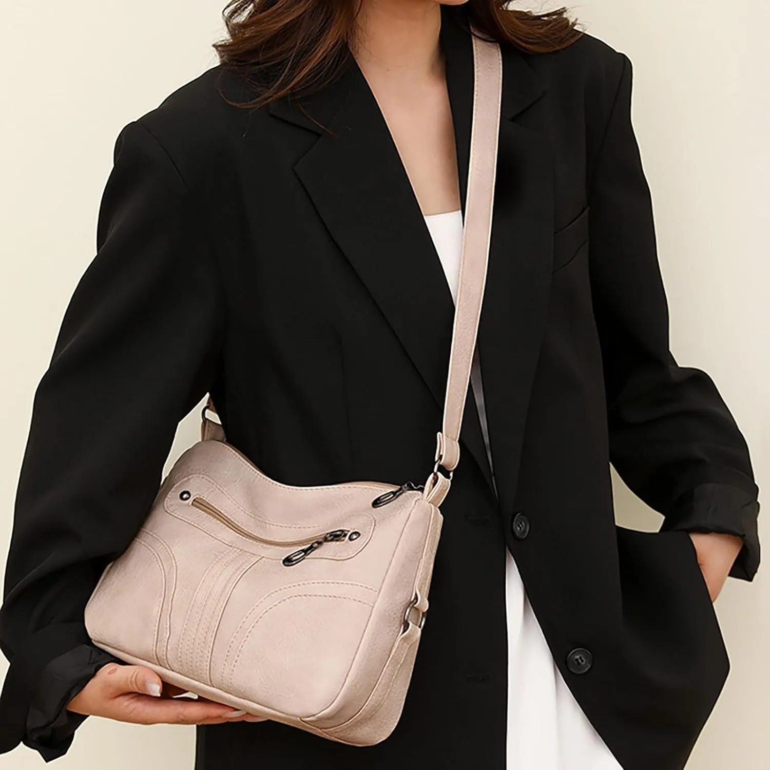 Women Vintage Soft Leather Versatile Lightweight Crossbody Bag Water Proof Pocket Adjustable Shoulder (White, One Size)