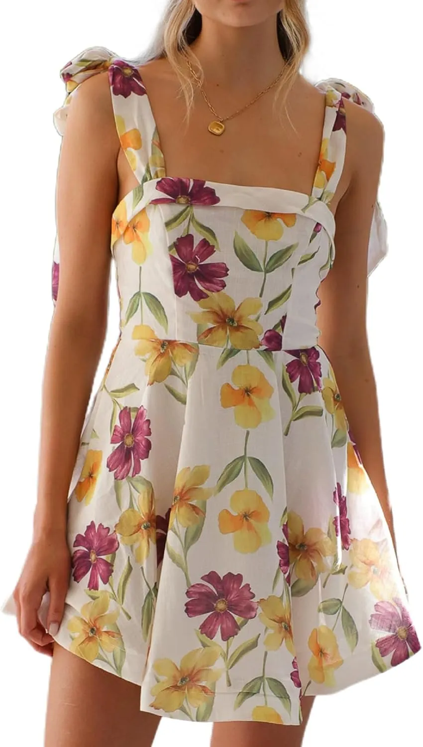 Women Y2k Tie Shoulder Mini Dress Floral Ruffle Flowy Babydoll Dress Summer Cute Bow Strap Boho Short Dresses