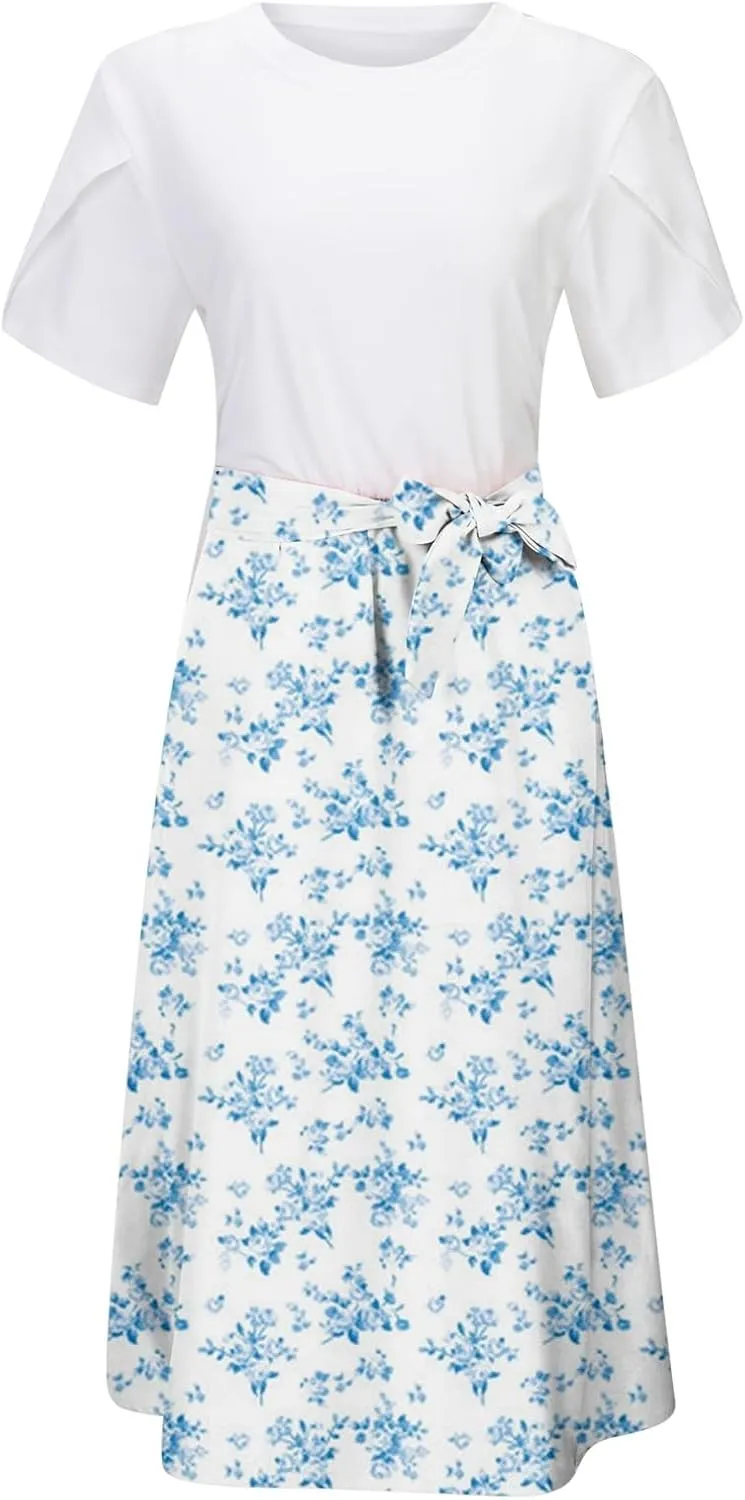 Womens 2025 Summer Casual Crew Neck Boho Midi Dress Flowy Bow Tie A-line Short Sleeve Floral Print Dresses Plus Size