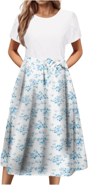 Womens 2025 Summer Casual Crew Neck Boho Midi Dress Flowy Bow Tie A-line Short Sleeve Floral Print Dresses Plus Size