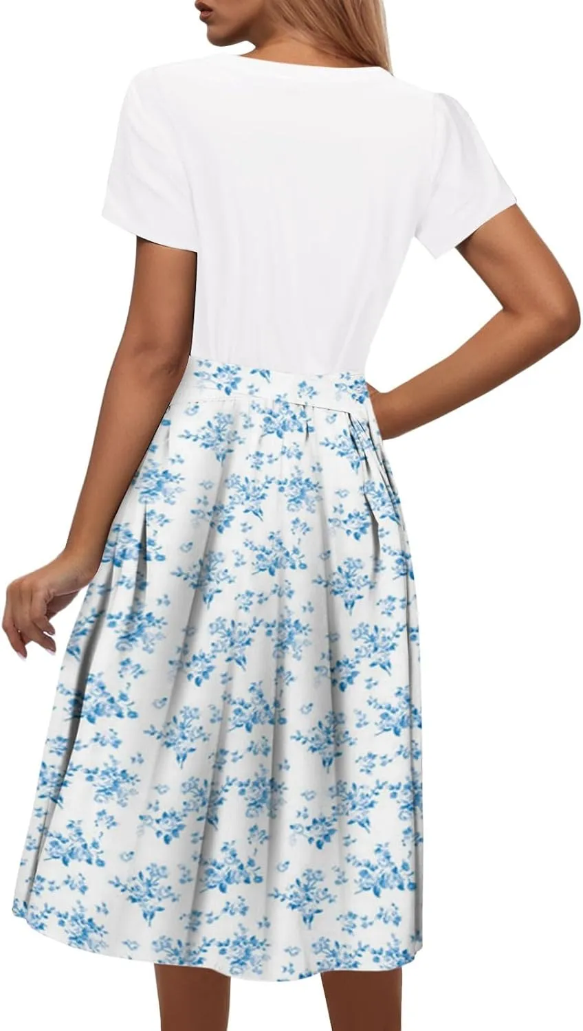 Womens 2025 Summer Casual Crew Neck Boho Midi Dress Flowy Bow Tie A-line Short Sleeve Floral Print Dresses Plus Size