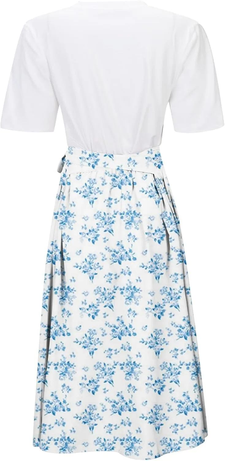 Womens 2025 Summer Casual Crew Neck Boho Midi Dress Flowy Bow Tie A-line Short Sleeve Floral Print Dresses Plus Size