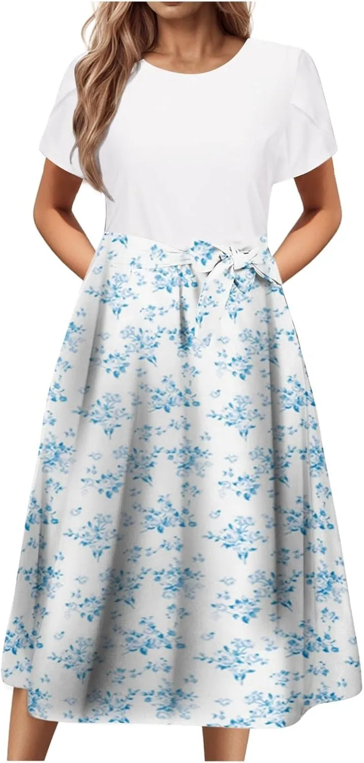 Womens 2025 Summer Casual Crew Neck Boho Midi Dress Flowy Bow Tie A-line Short Sleeve Floral Print Dresses Plus Size