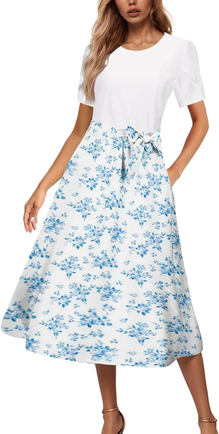 Womens 2025 Summer Casual Crew Neck Boho Midi Dress Flowy Bow Tie A-line Short Sleeve Floral Print Dresses Plus Size