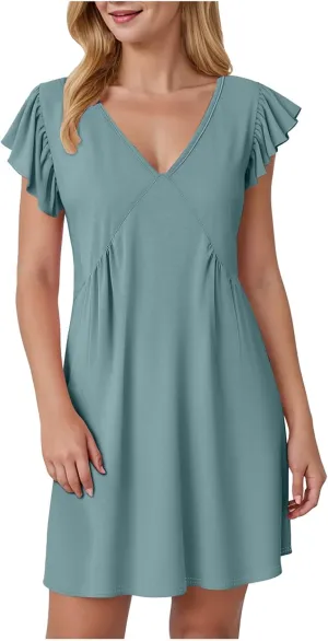 Women's 2025 Summer Casual V Neck Flutter Sleeve Bohemian Ruffle Smocked A Line Swing Mini Dress