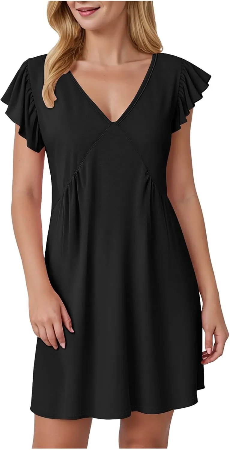 Women's 2025 Summer Casual V Neck Flutter Sleeve Bohemian Ruffle Smocked A Line Swing Mini Dress