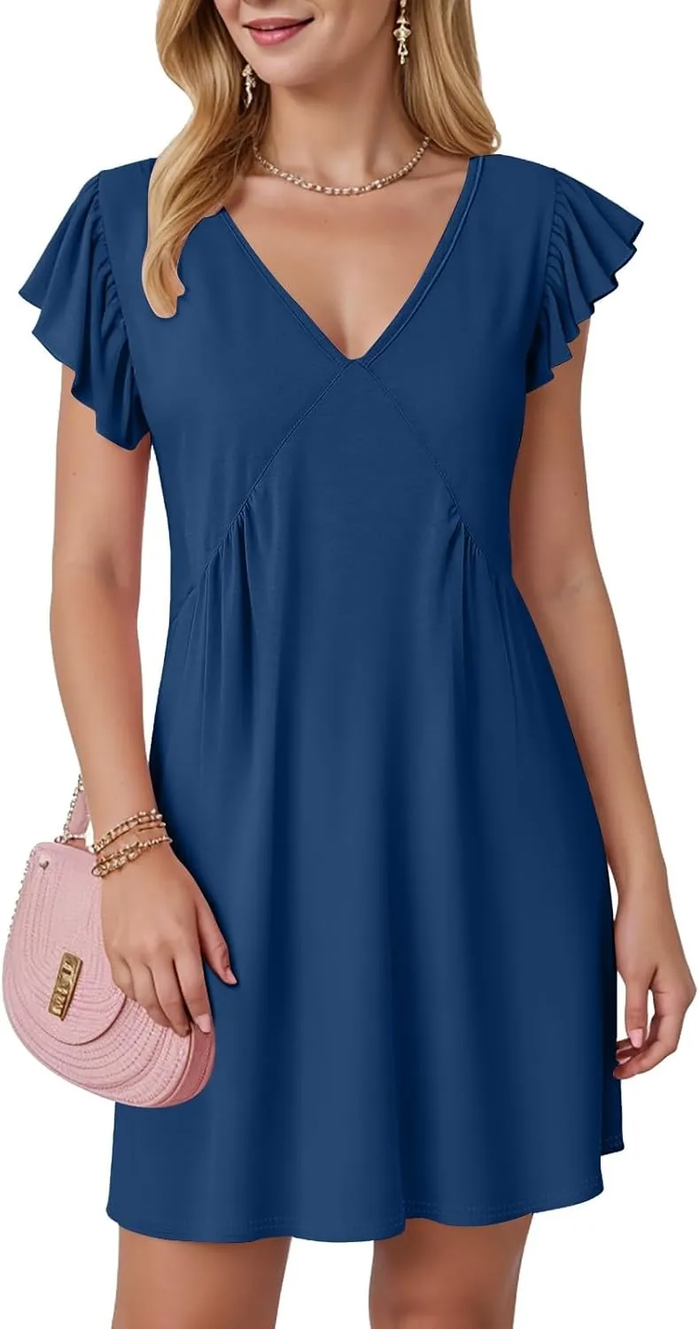 Women's 2025 Summer Casual V Neck Flutter Sleeve Bohemian Ruffle Smocked A Line Swing Mini Dress