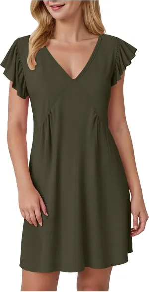 Women's 2025 Summer Casual V Neck Flutter Sleeve Bohemian Ruffle Smocked A Line Swing Mini Dress