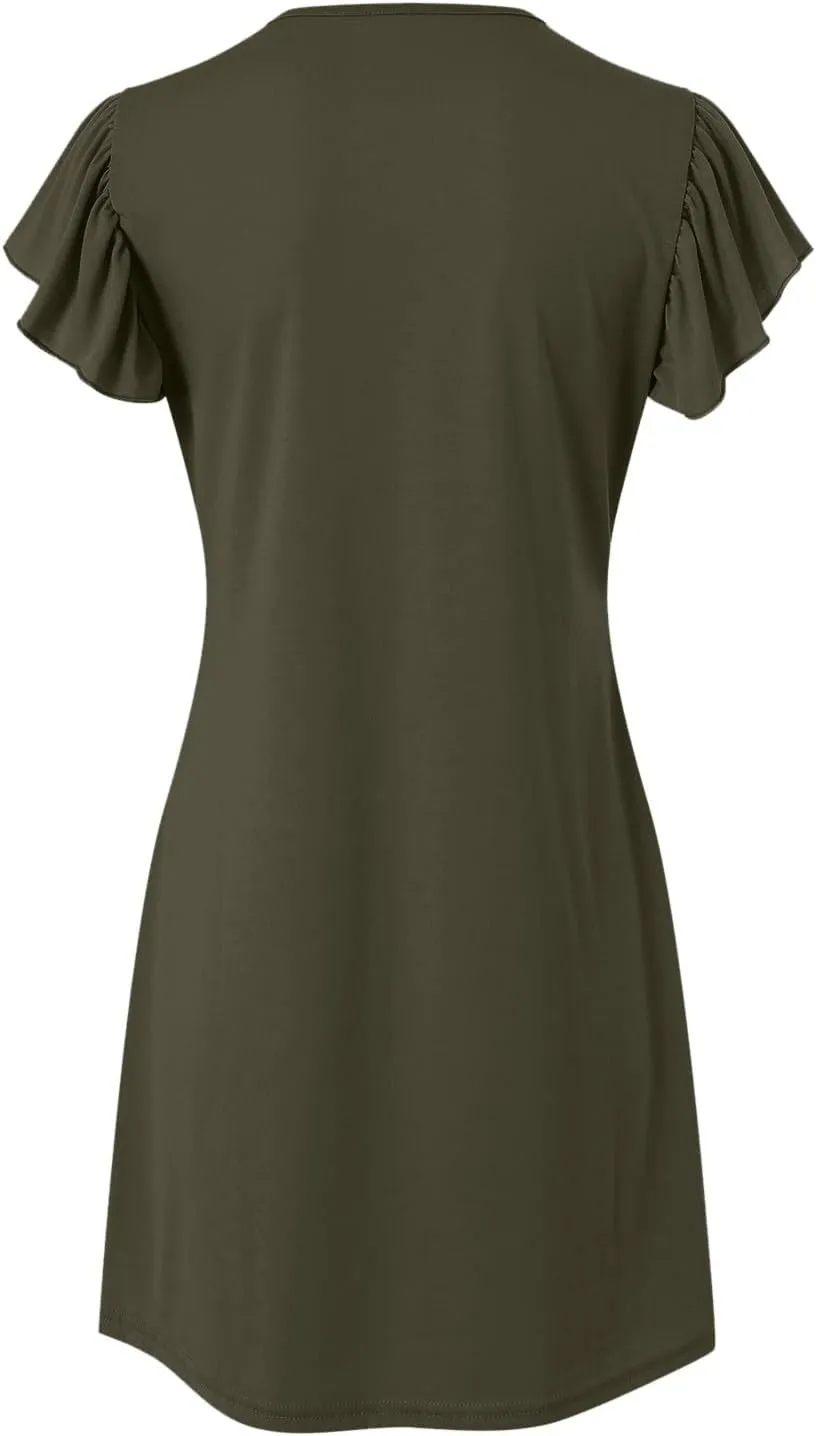 Women's 2025 Summer Casual V Neck Flutter Sleeve Bohemian Ruffle Smocked A Line Swing Mini Dress