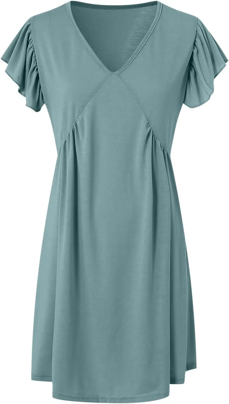 Women's 2025 Summer Casual V Neck Flutter Sleeve Bohemian Ruffle Smocked A Line Swing Mini Dress