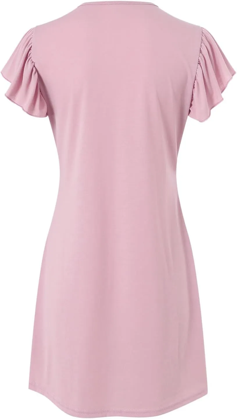 Women's 2025 Summer Casual V Neck Flutter Sleeve Bohemian Ruffle Smocked A Line Swing Mini Dress