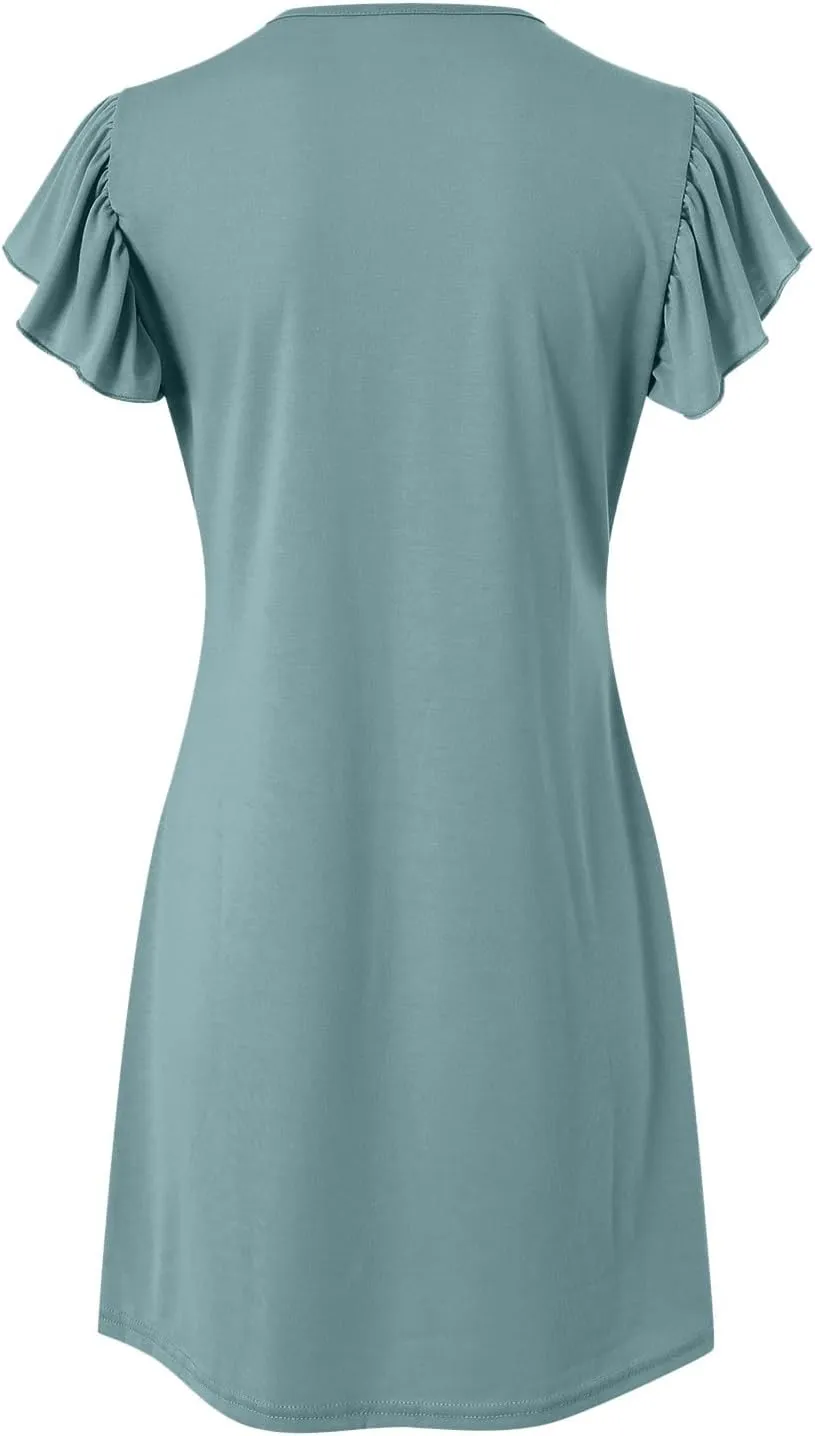 Women's 2025 Summer Casual V Neck Flutter Sleeve Bohemian Ruffle Smocked A Line Swing Mini Dress