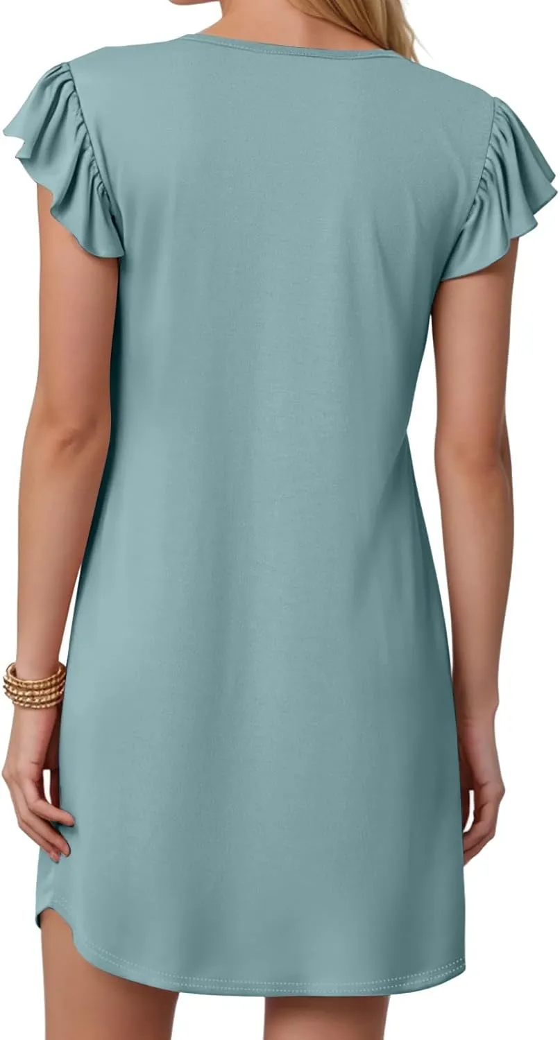 Women's 2025 Summer Casual V Neck Flutter Sleeve Bohemian Ruffle Smocked A Line Swing Mini Dress