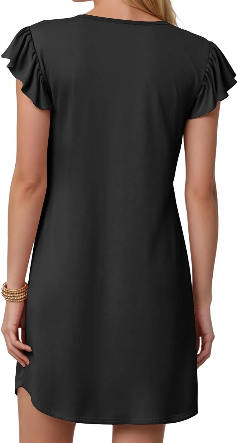 Women's 2025 Summer Casual V Neck Flutter Sleeve Bohemian Ruffle Smocked A Line Swing Mini Dress